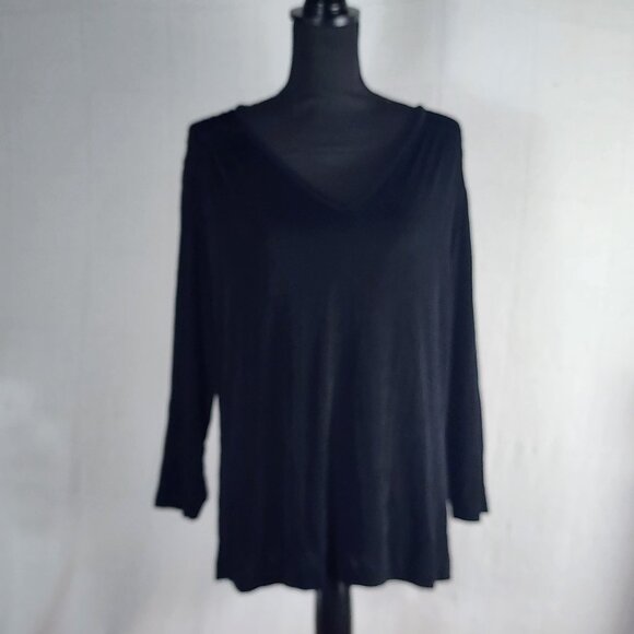 Chico's Travelers Black Acetate Span 3/4 Ruched Sleeve Top Size Chico 3 US XL 16 - Picture 1 of 16